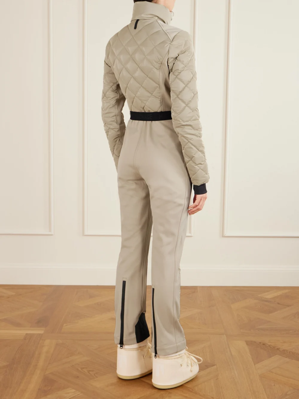 Back view of the Mackage Inga Belted Quilted Padded Down Ski Suit