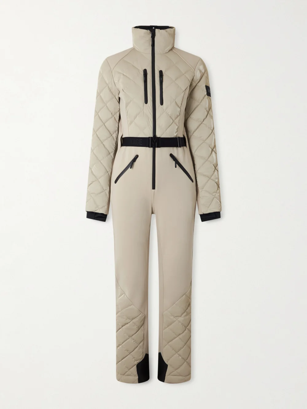 Mackage Inga Belted Quilted Padded Down Ski Suit in taupe