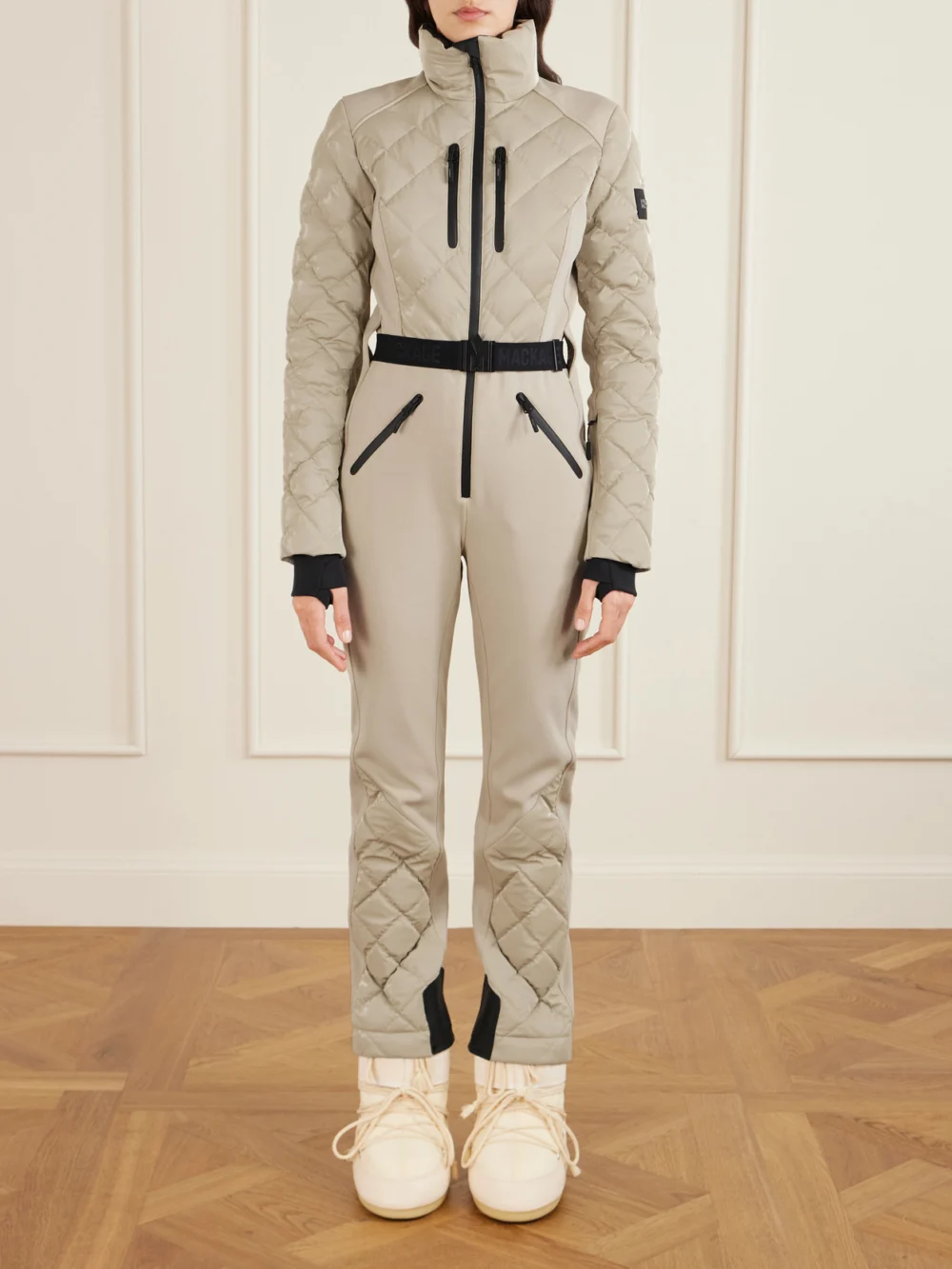 Mackage Inga Belted Quilted Padded Down Ski Suit, worn by a model