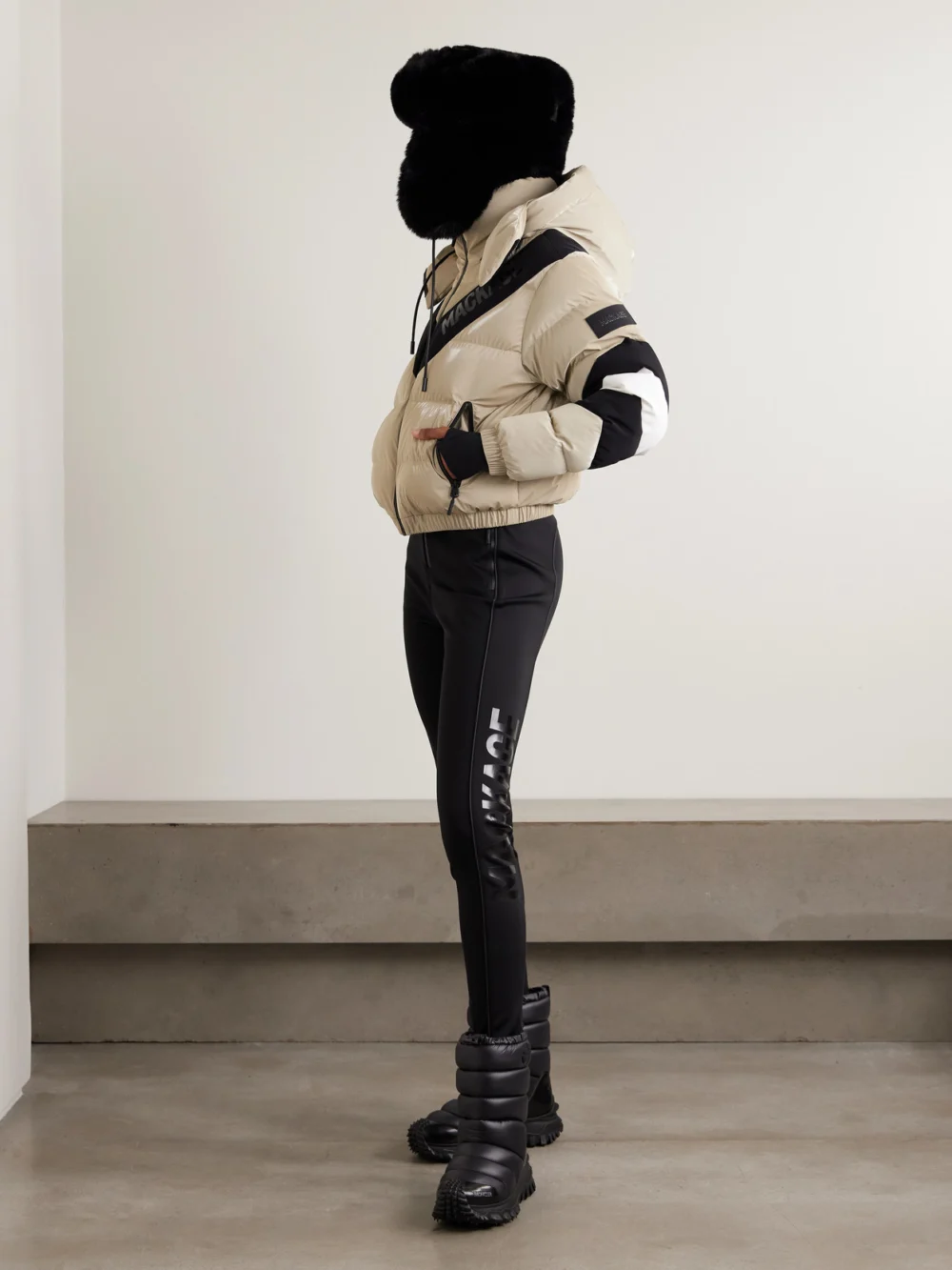 Mackage Kairi Hooded Cropped Quilted Down Ski Jacket, worn by a model