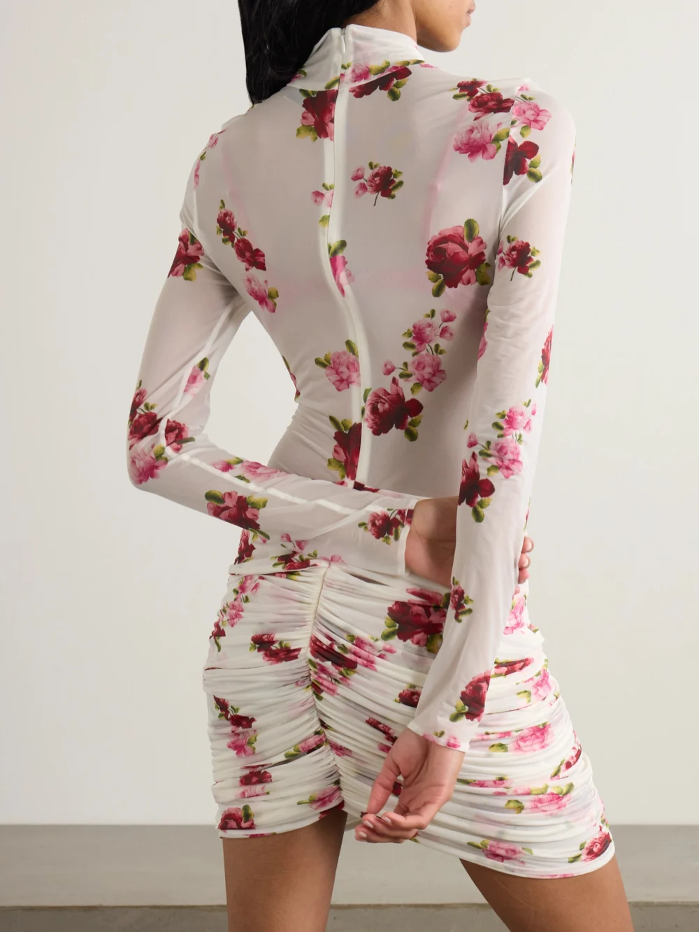 Back view of the Magda Butrym Appliquéd Gathered Floral-print Tulle Mini Dress