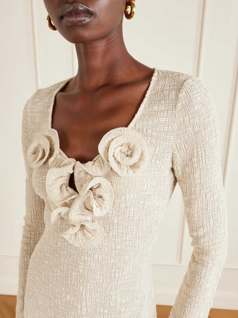 Close-up detail of the Magda Butrym Beach Floral-appliquéd Lyocell-blend Midi Dress