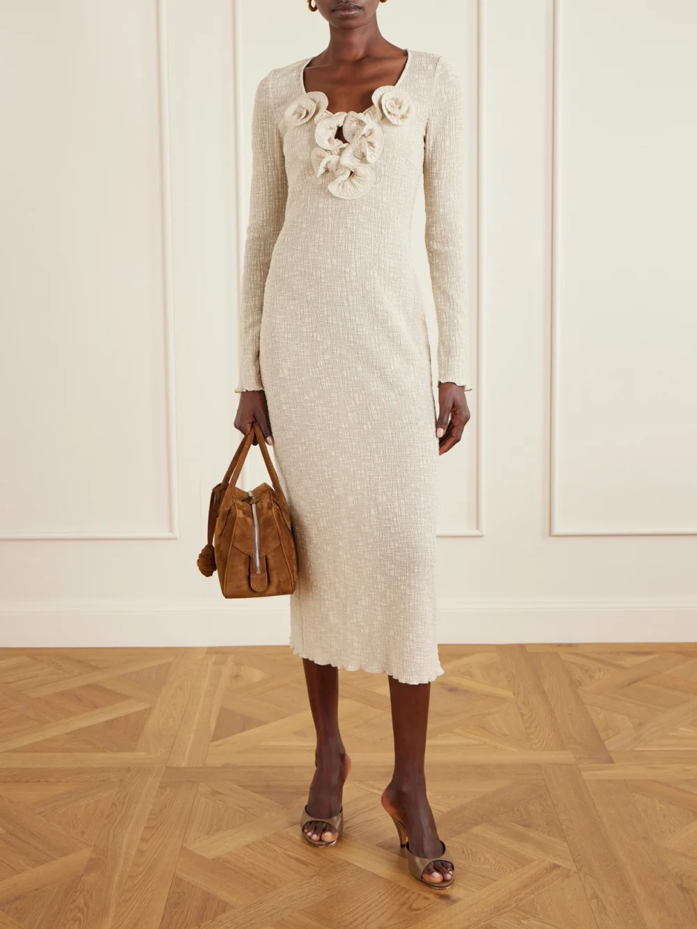 Magda Butrym Beach Floral-appliquéd Lyocell-blend Midi Dress, worn by a model