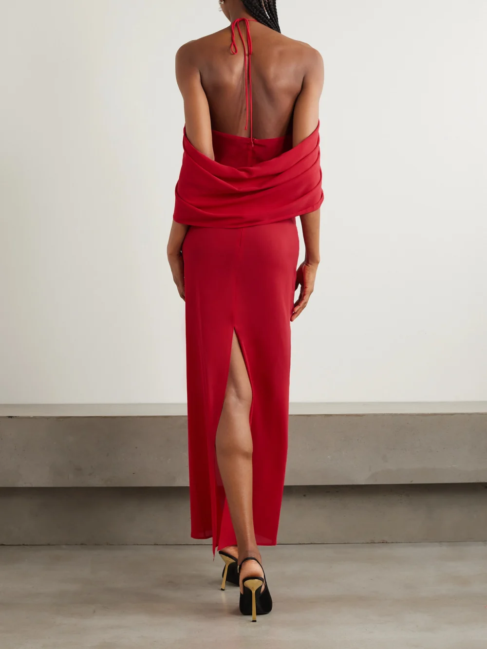 Back view of the Magda Butrym Cold-shoulder Appliquéd Silk-blend Chiffon Maxi Dress