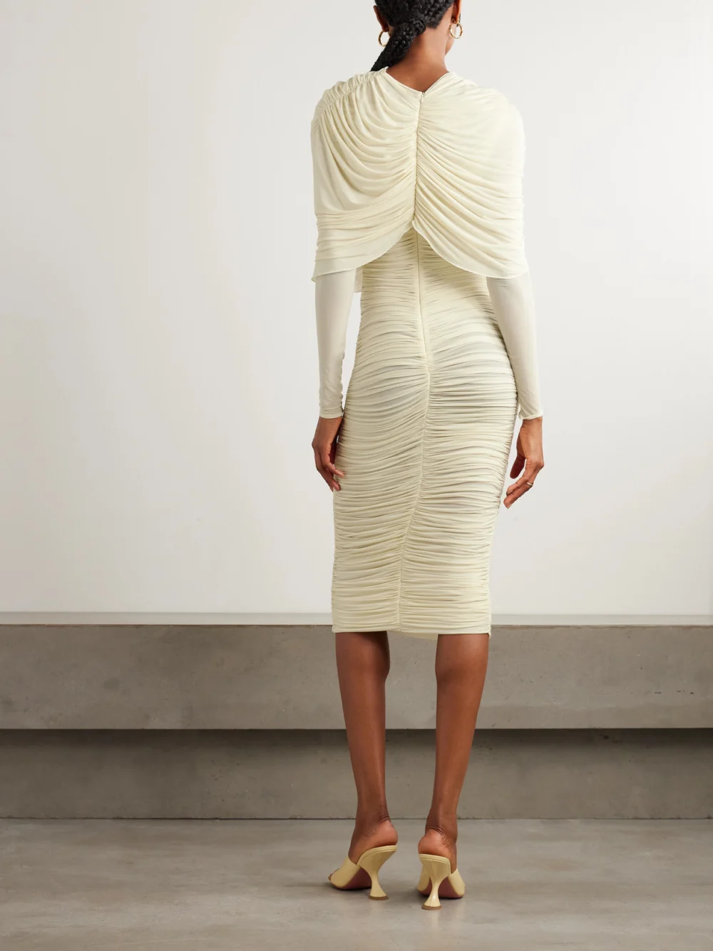 Back view of the Magda Butrym Draped Cape-effect Ruched Stretch-tulle Dress
