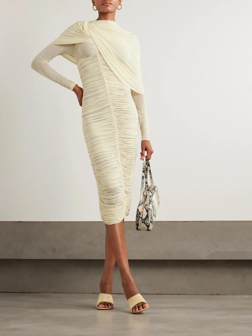 Magda Butrym Draped Cape-effect Ruched Stretch-tulle Dress, worn by a model