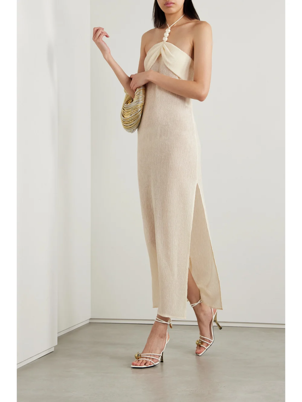 Magda Butrym Embellished Gathered Stretch Lyocell-blend Halterneck Maxi Dress, worn by a model