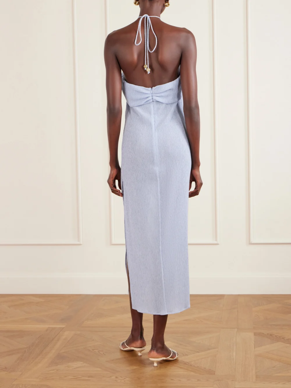 Back view of the Magda Butrym Embellished Gathered Textured Lyocell-blend Halterneck Maxi Dress