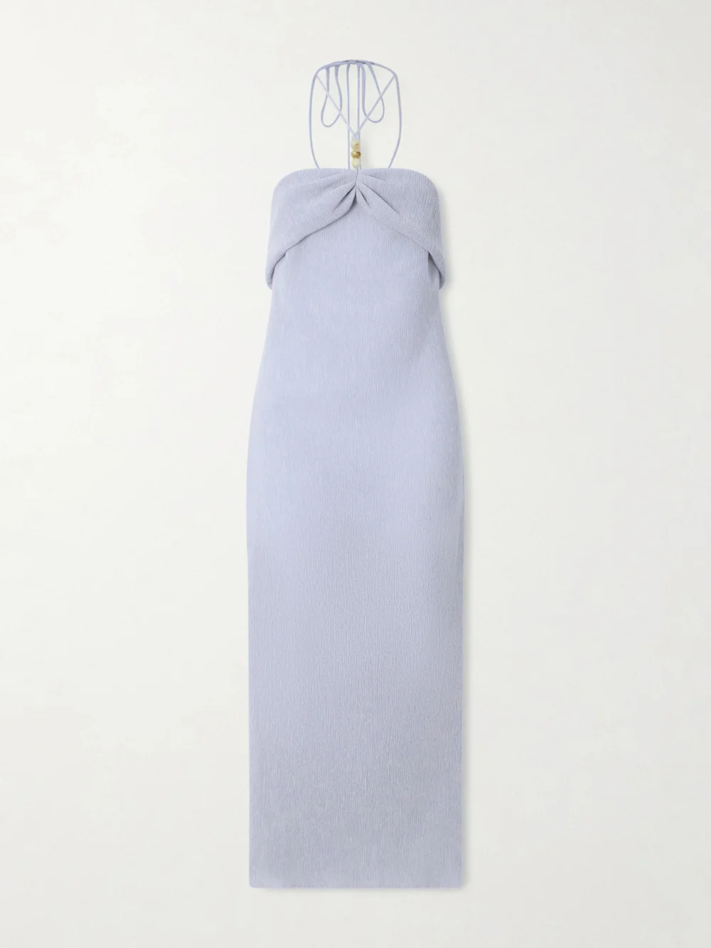 Magda Butrym Embellished Gathered Textured Lyocell-blend Halterneck Maxi Dress in light blue