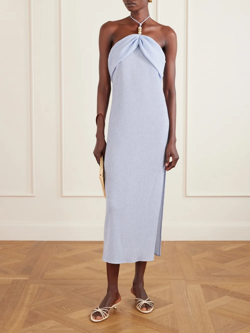Magda Butrym Embellished Gathered Textured Lyocell-blend Halterneck Maxi Dress, worn by a model