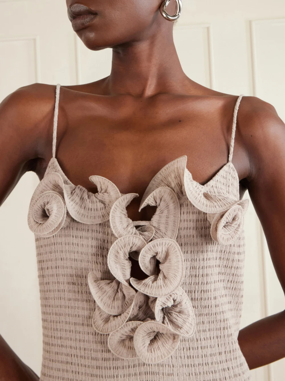 Close-up detail of the Magda Butrym Embellished Textured Woven Midi Dress