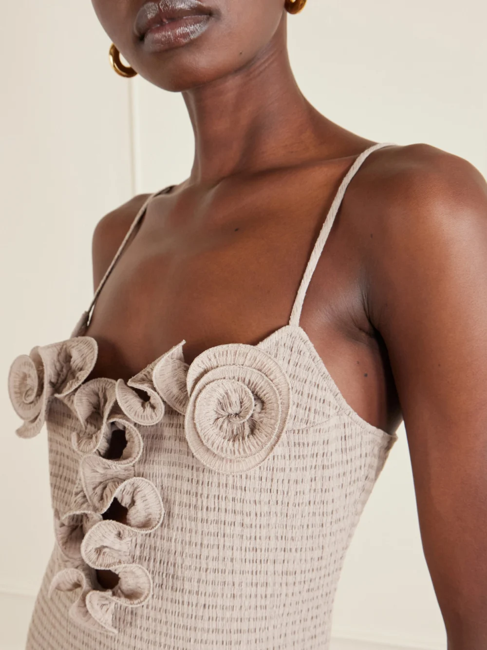 Close-up detail of the Magda Butrym Floral-appliquéd Crepe Mini Dress