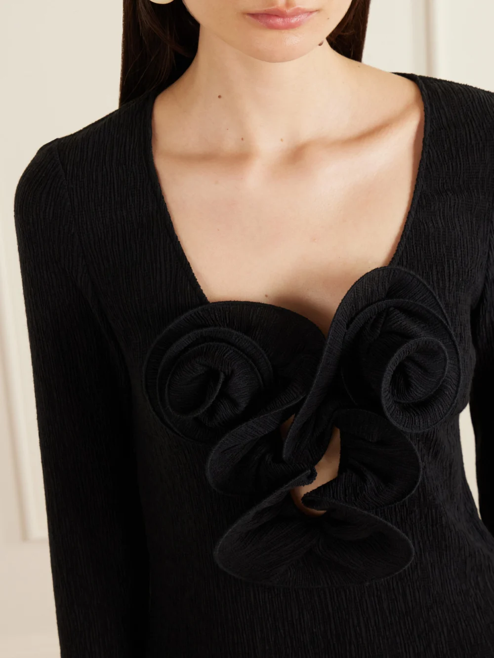 Close-up detail of the Magda Butrym Gathered Satin Maxi Dress