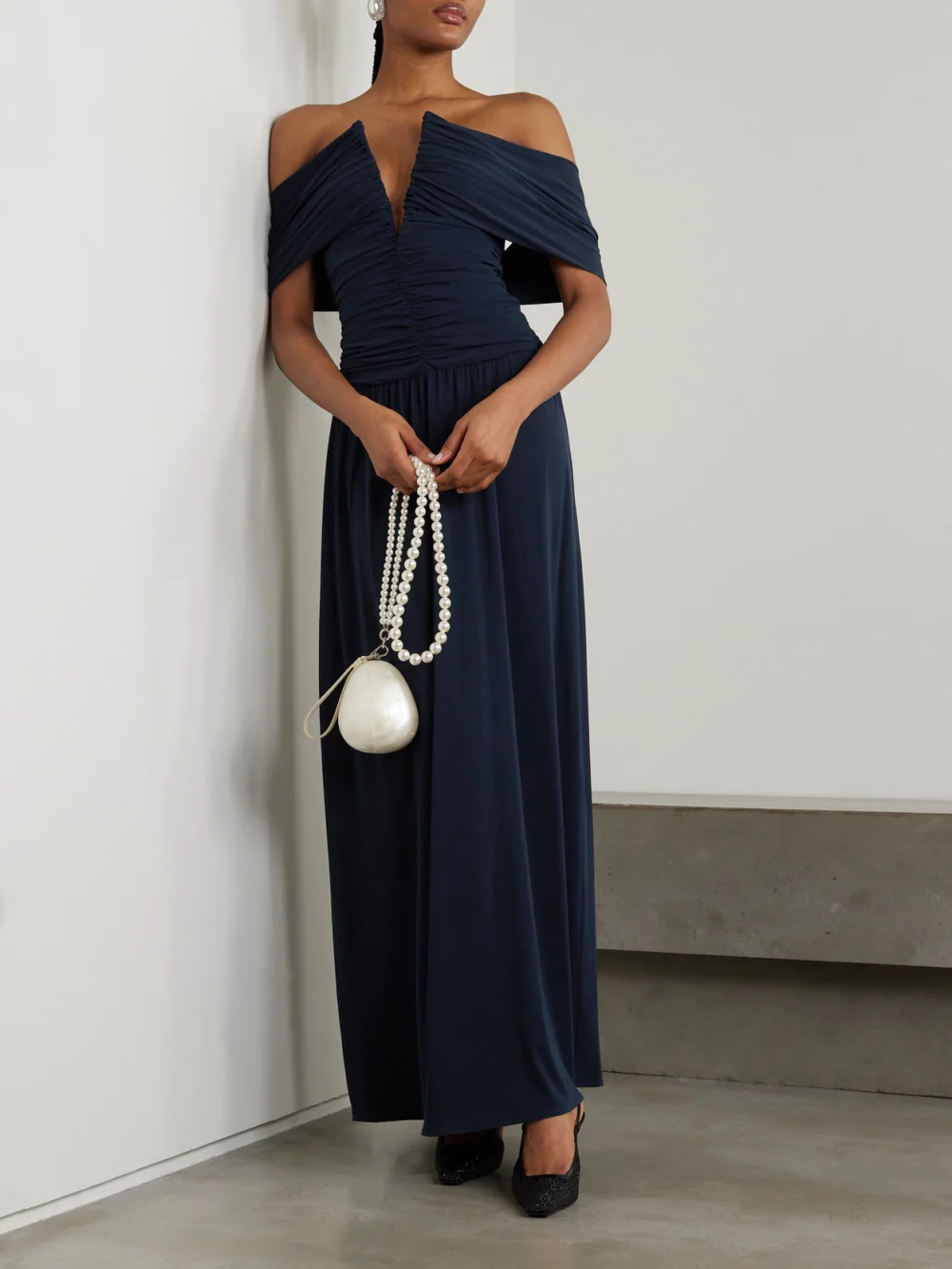 Magda Butrym Off-the-shoulder Ruched Jersey Dress, worn by a model