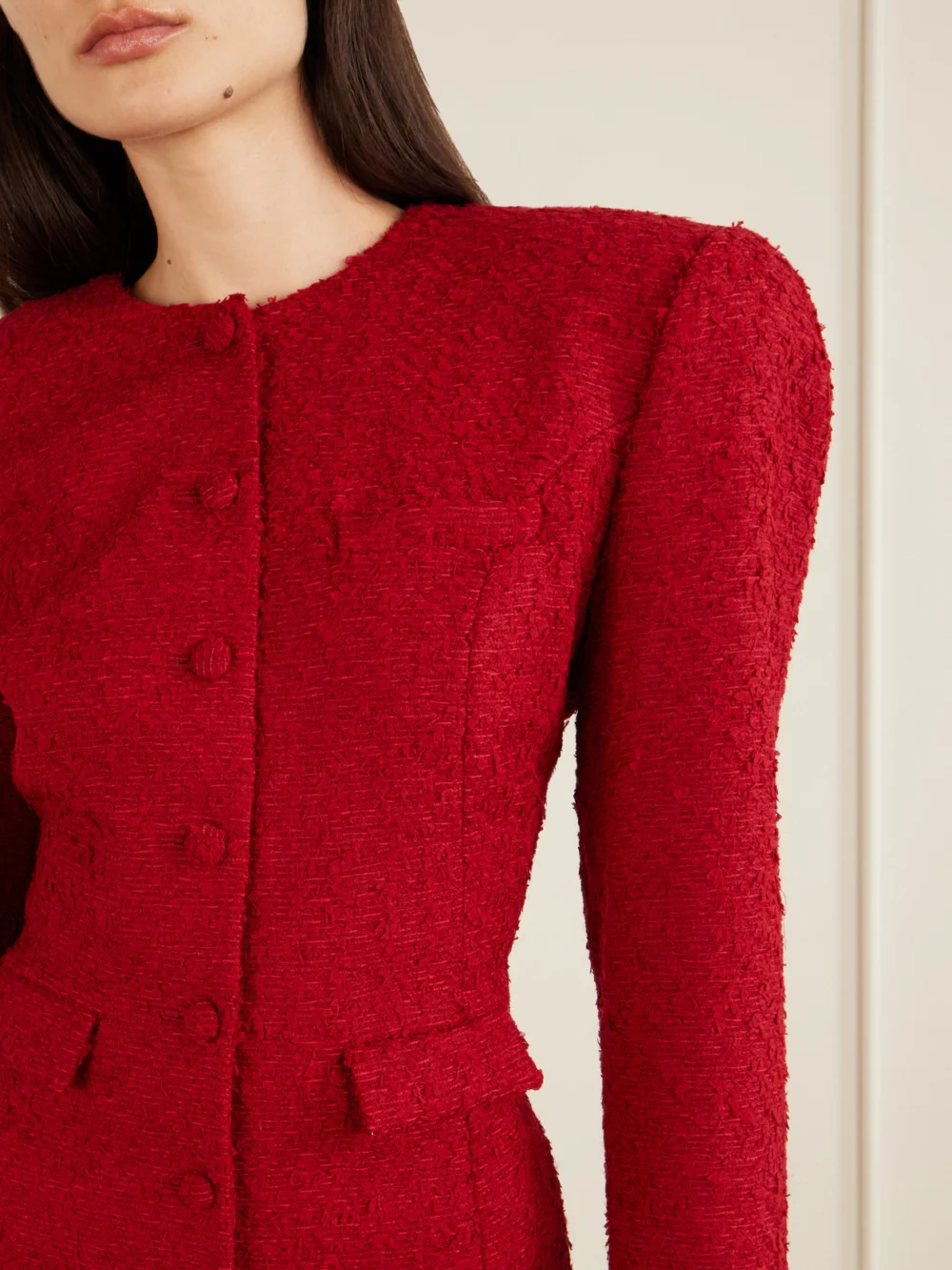 Close-up detail of the Magda Butrym Padded Bouclé Mini Dress