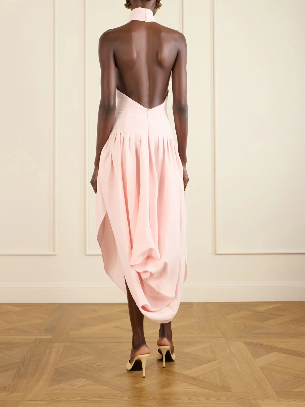 Back view of the Magda Butrym Pleated Draped Silk Halterneck Midi Dress