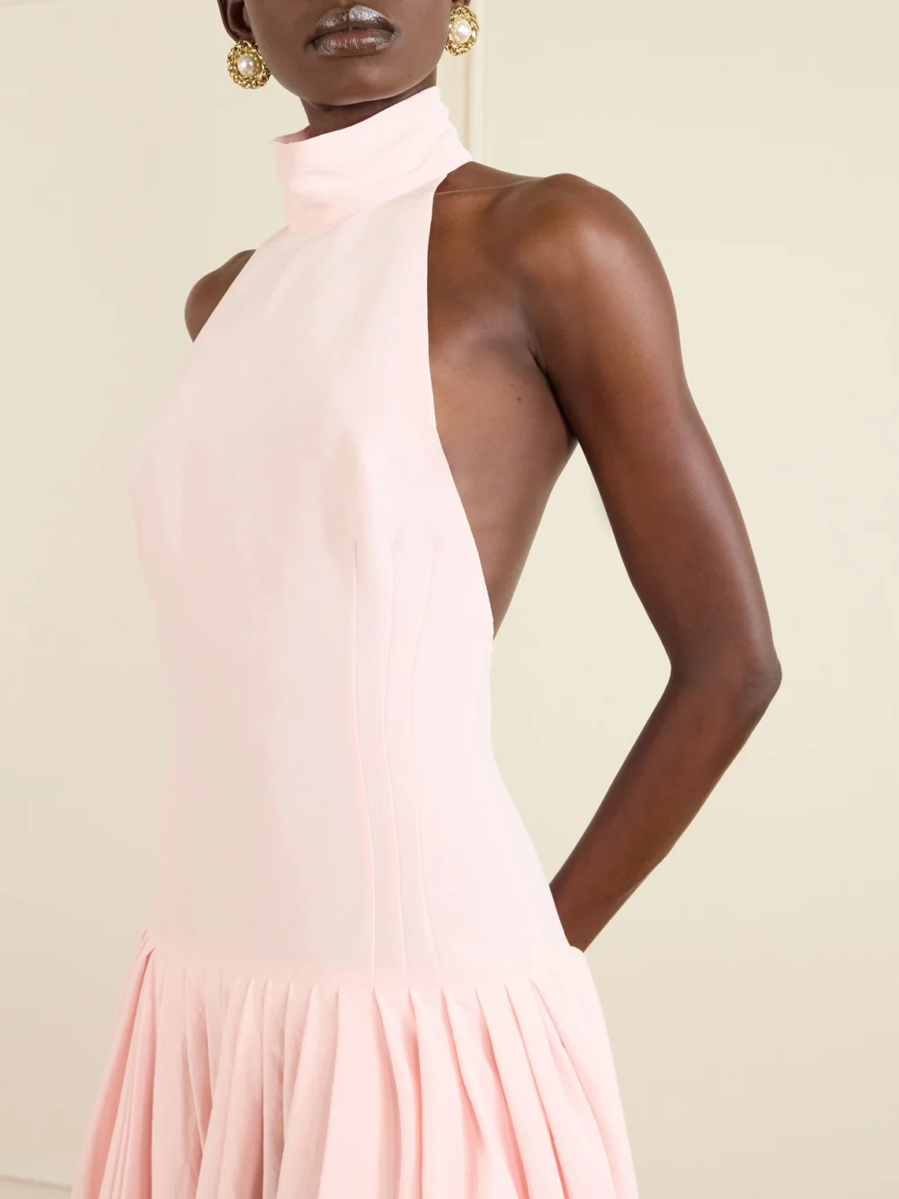 Close-up detail of the Magda Butrym Pleated Draped Silk Halterneck Midi Dress