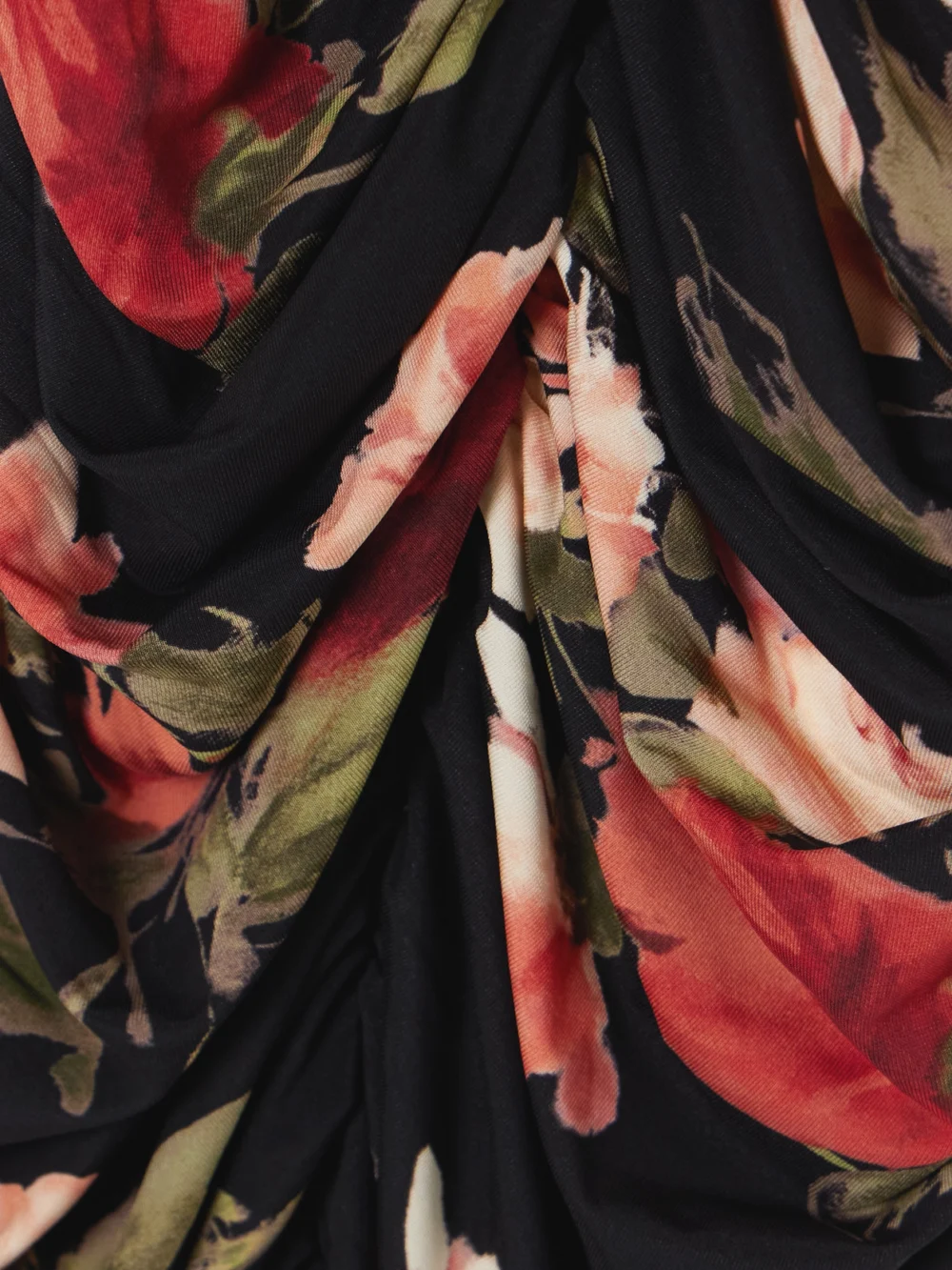 Close-up detail of the Magda Butrym Ruched Layered Floral-print Jersey Maxi Dress