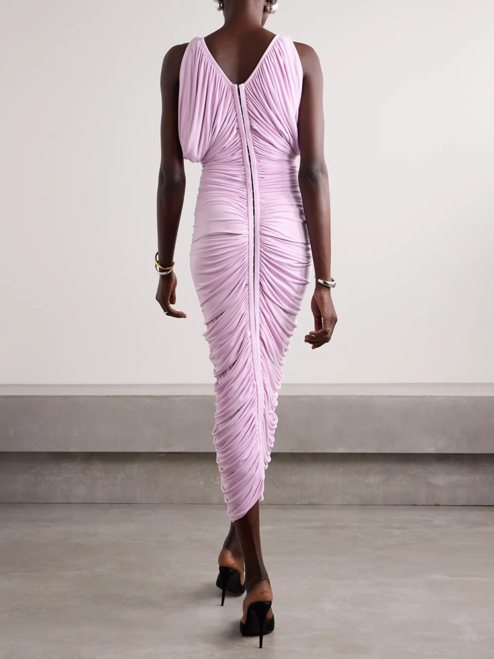 Back view of the Magda Butrym Ruched Satin-jersey Midi Dress