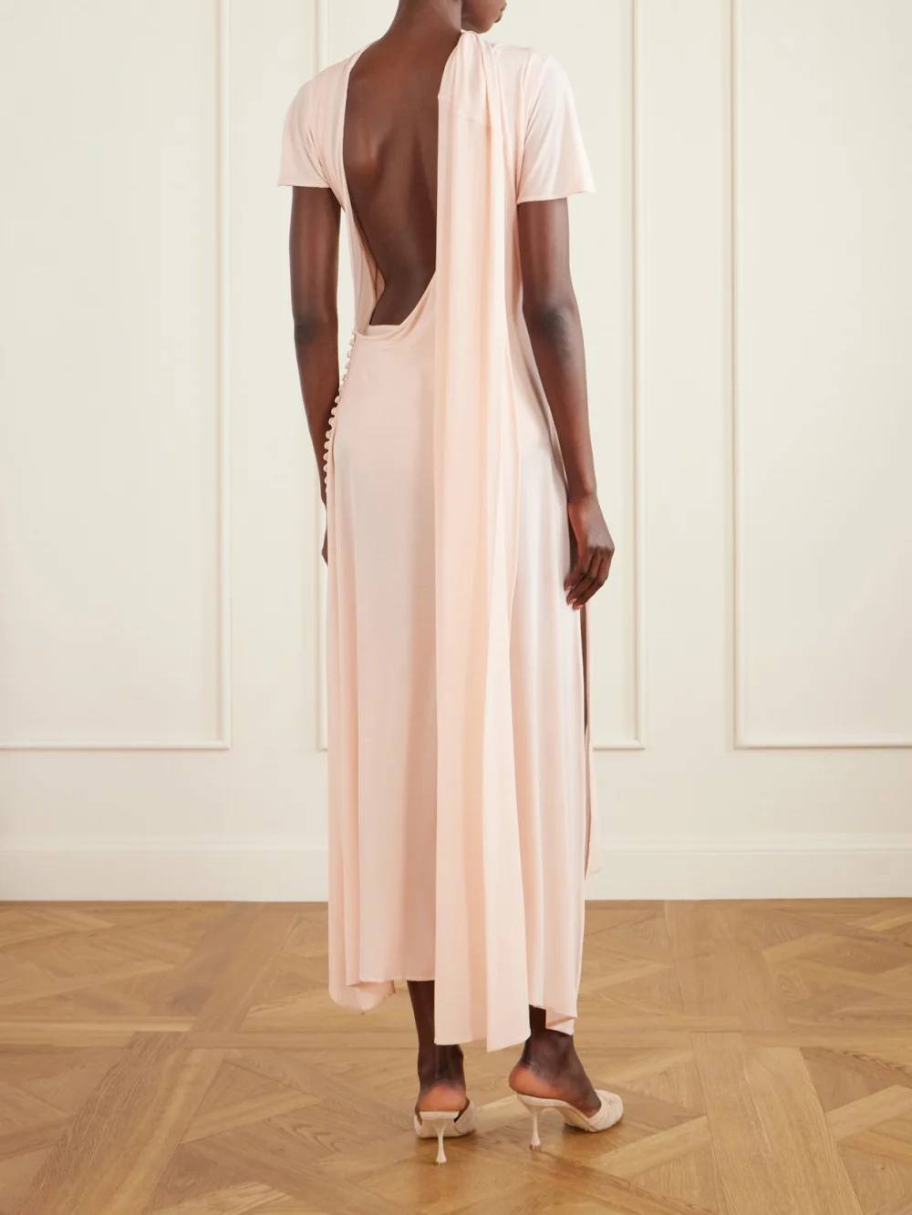 Back view of the Magda Butrym Scarf-detailed Open-back Asymmetric Jersey Dress