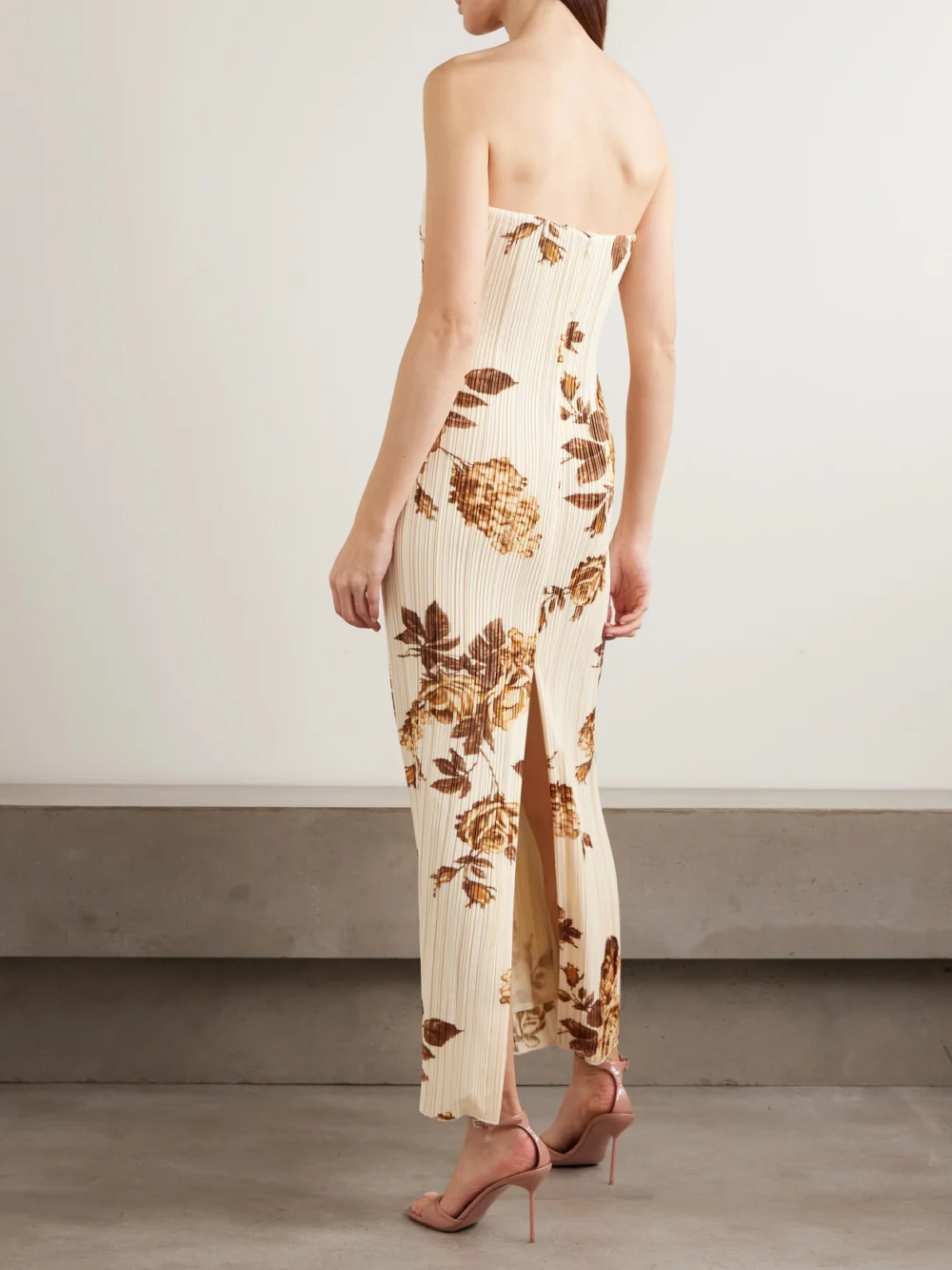 Back view of the Magda Butrym Strapless Floral-print Plissé-crepe Midi Dress