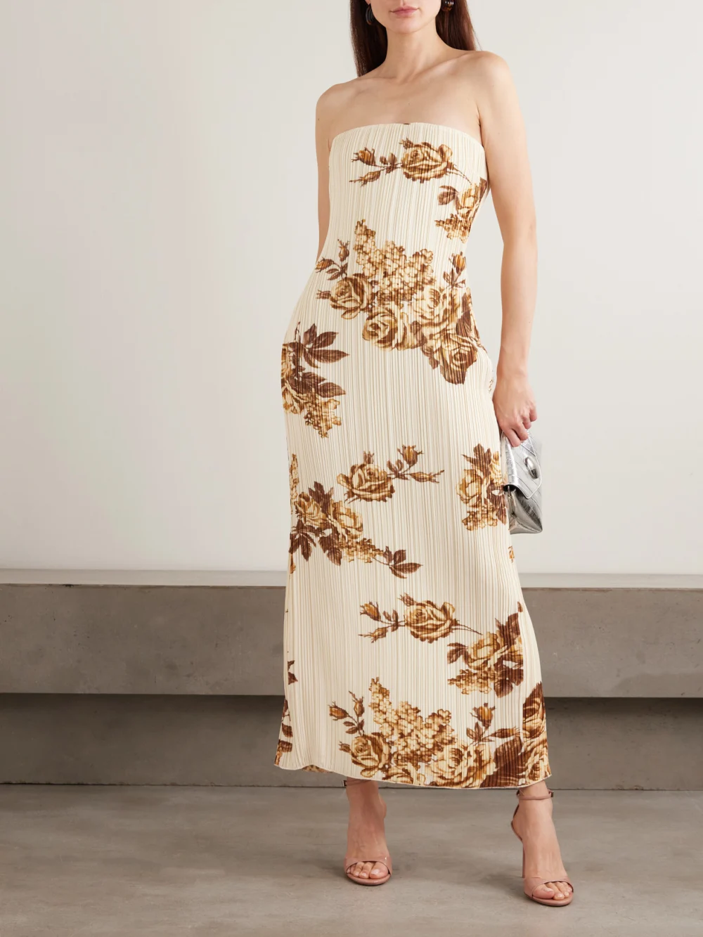 Magda Butrym Strapless Floral-print Plissé-crepe Midi Dress, worn by a model