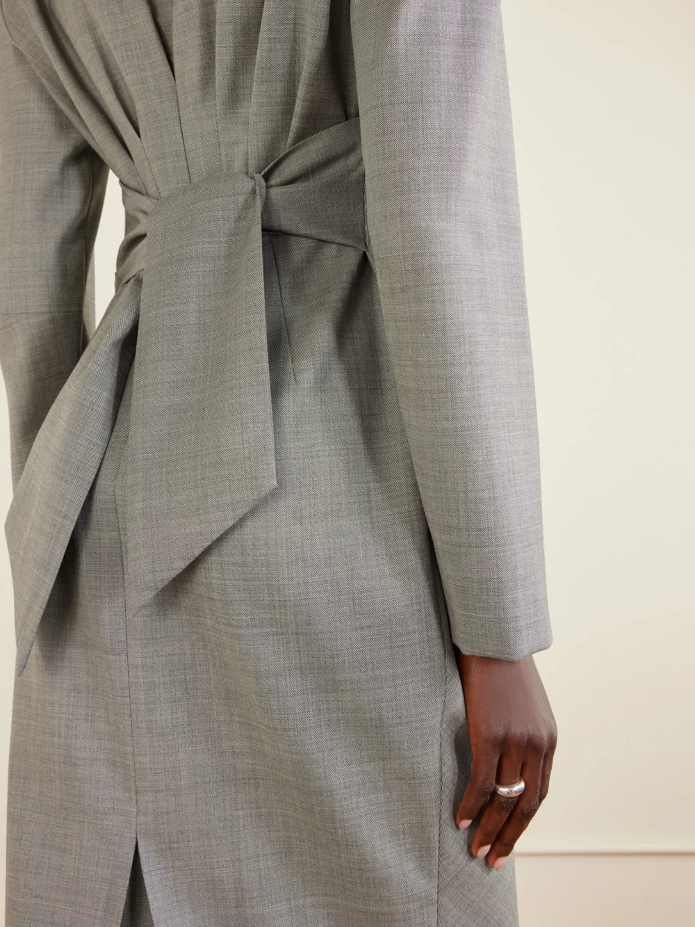 Close-up detail of the Magda Butrym Tie-detailed Gathered Padded Wool-blend Midi Dress