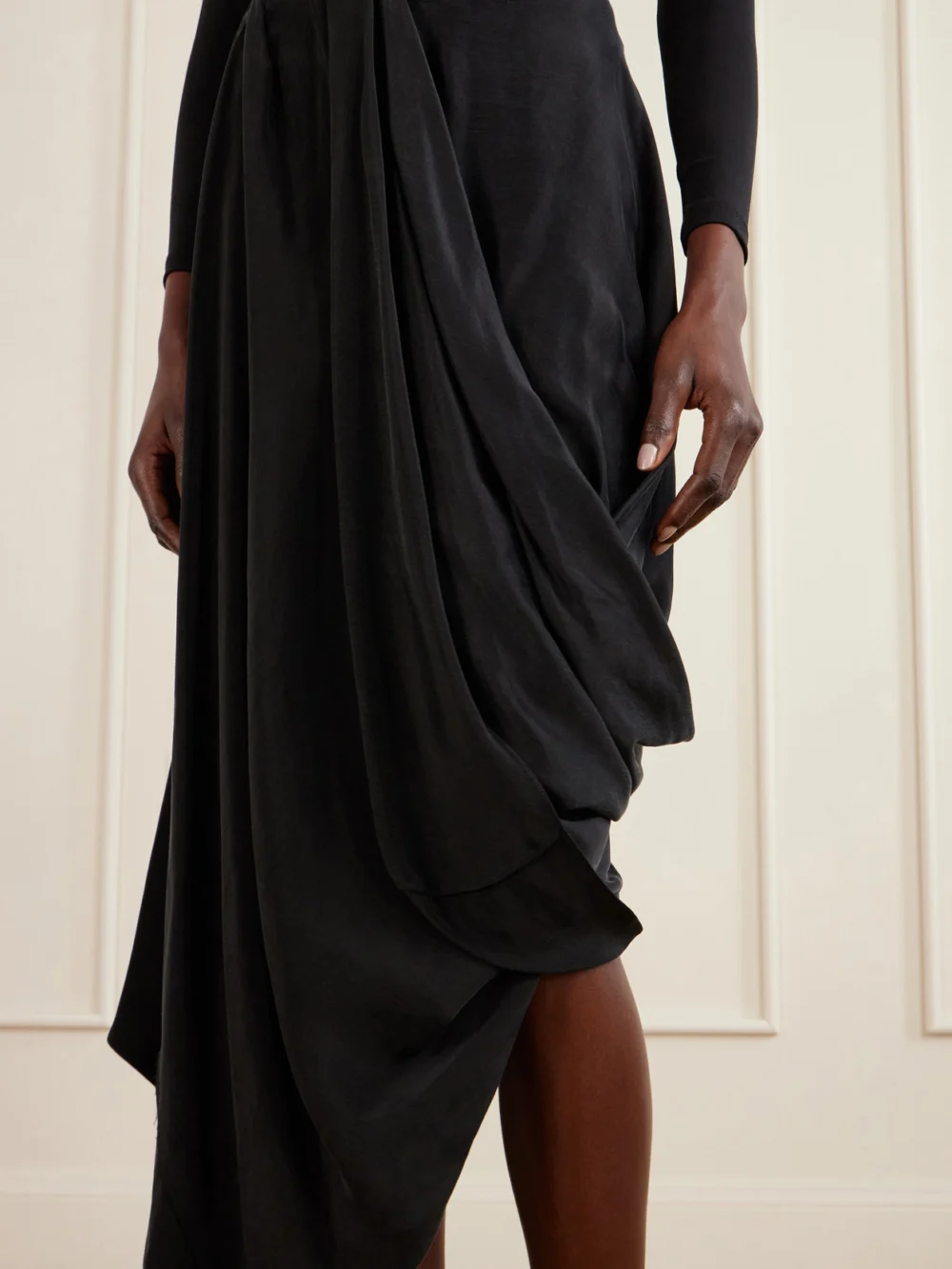 Close-up detail of the Maison Margiela Asymmetric Gathered Satin Midi Skirt