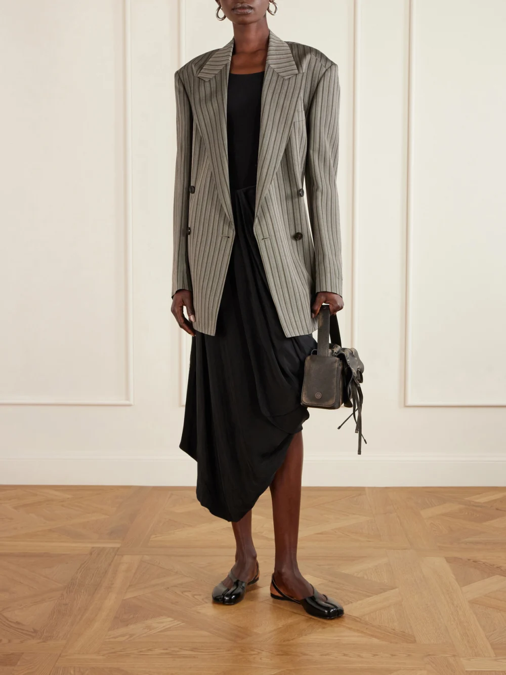 Maison Margiela Asymmetric Gathered Satin Midi Skirt, worn by a model
