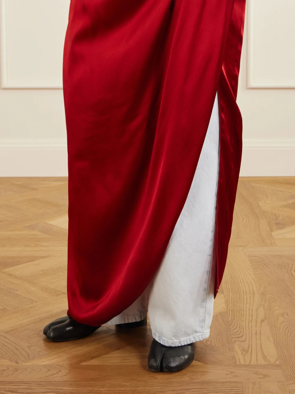 Close-up detail of the Maison Margiela Draped Silk-blend Satin Maxi Dress