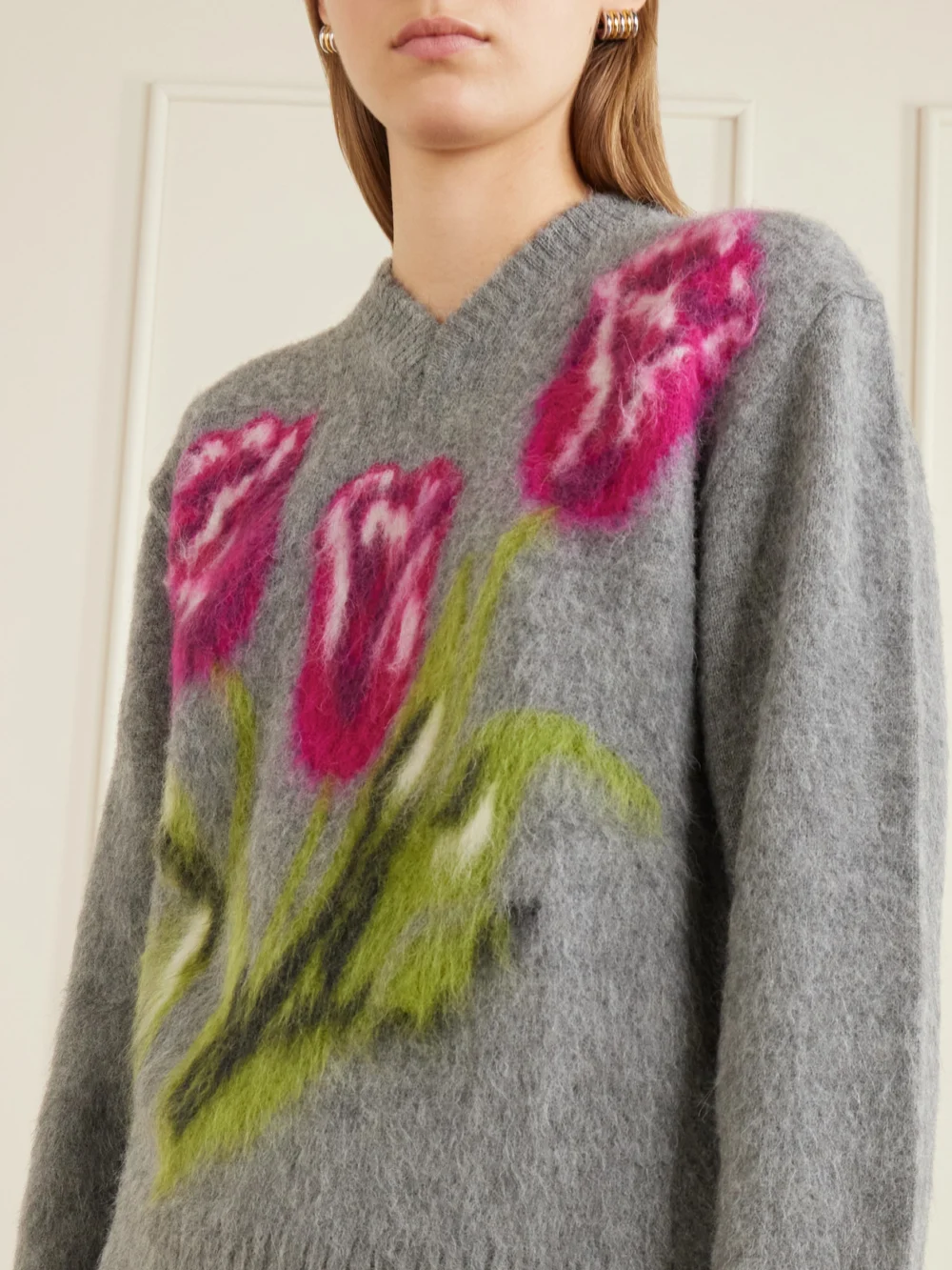 Close-up detail of the Maison Margiela Floral Intarsia-knit Brushed Wool-blend Sweater
