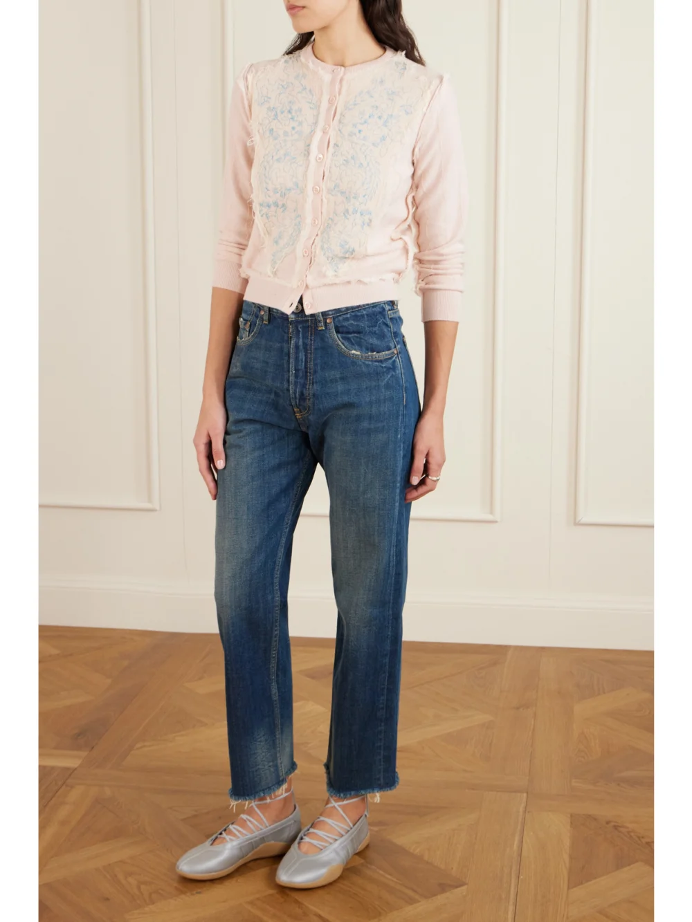 Maison Margiela Frayed Distressed Straight-leg Jeans, worn by a model