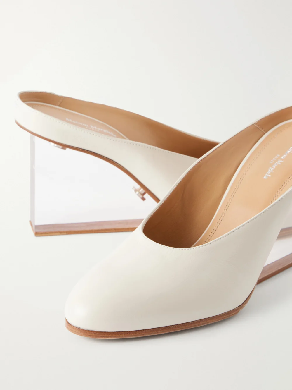 Close-up detail of the Maison Margiela Plexi 80 Leather Wedge Sandals