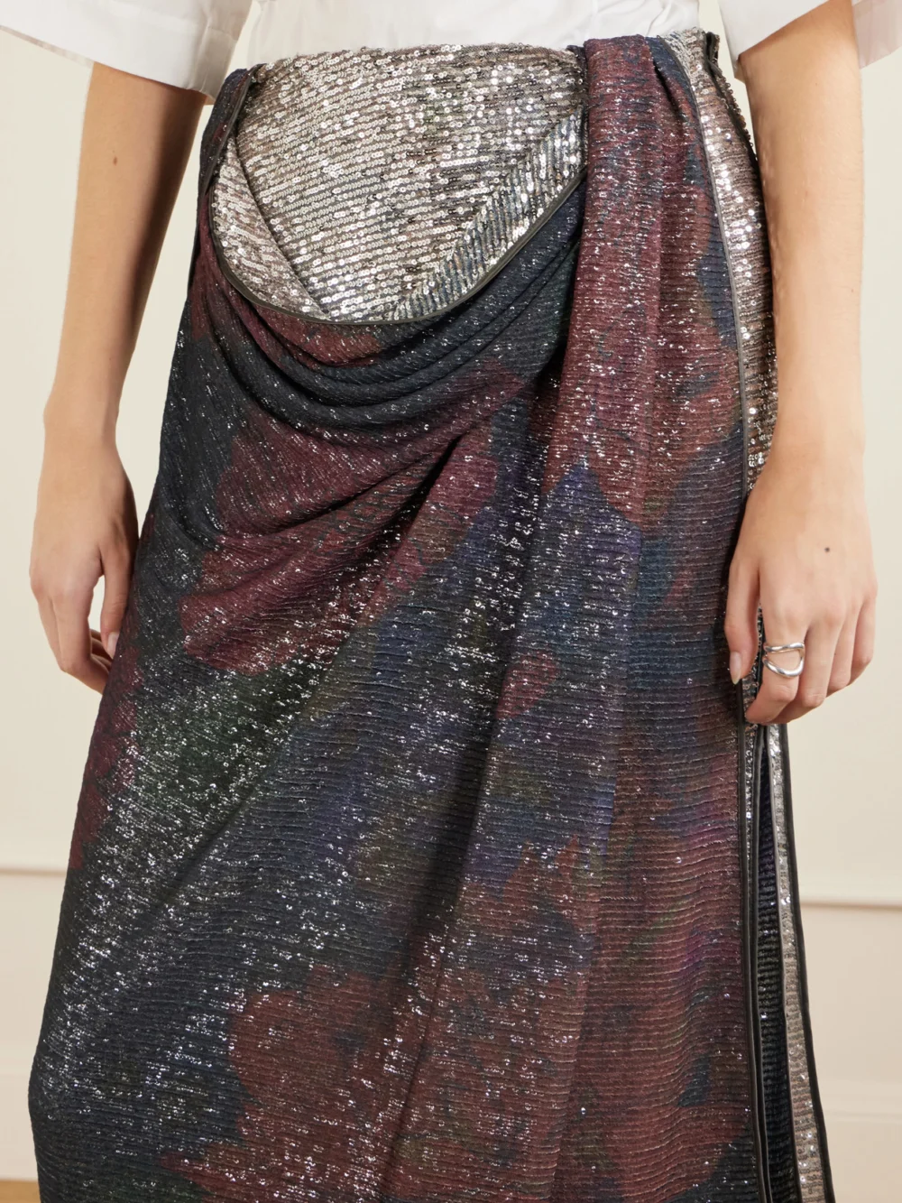Close-up detail of the Maison Margiela Sequined Satin Midi Skirt