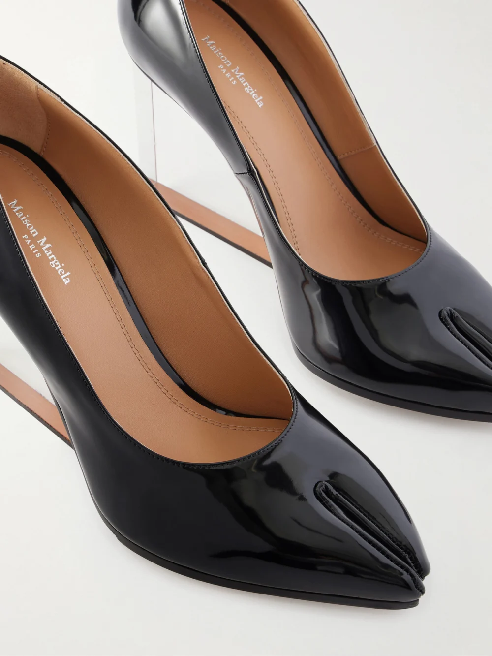 Close-up detail of the Maison Margiela Tabi Claw Leather Wedge Pumps