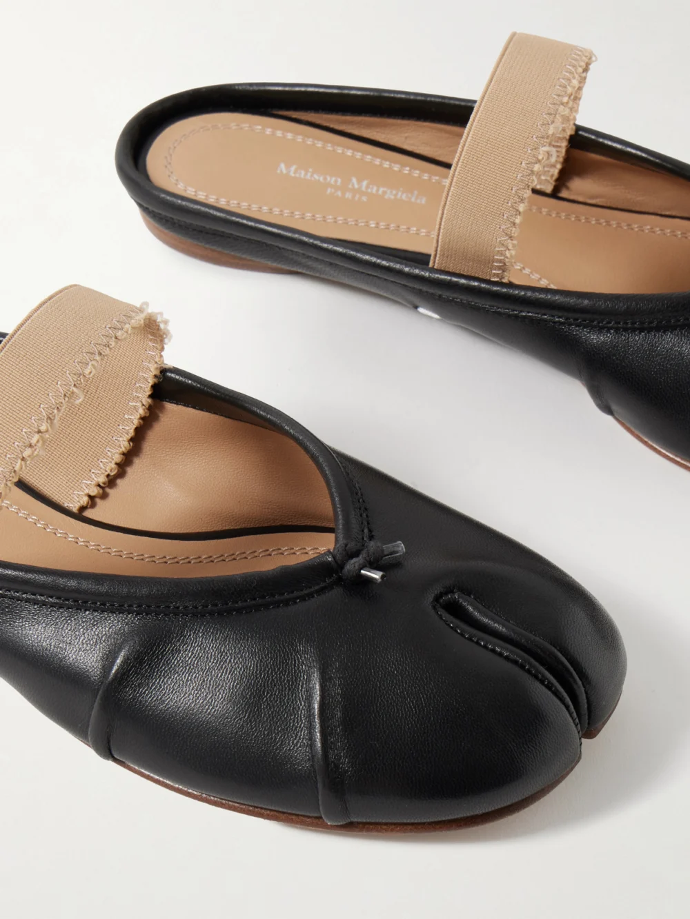 Close-up detail of the Maison Margiela Tabi Frayed Split-toe Leather Ballet Flats