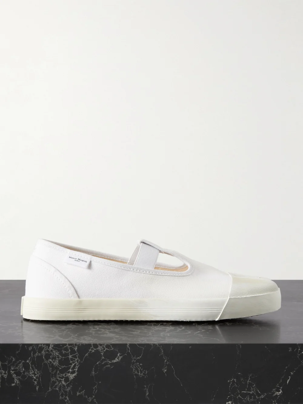 Maison Margiela Tabi on the Deck Distressed Canvas Sneakers in white