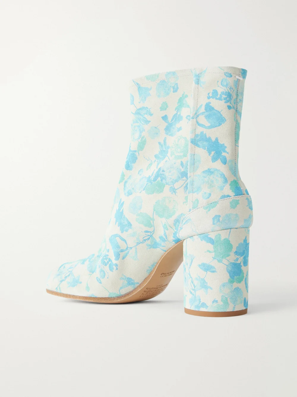Back view of the Maison Margiela Tabi Split-toe Floral-print Suede Ankle Boots