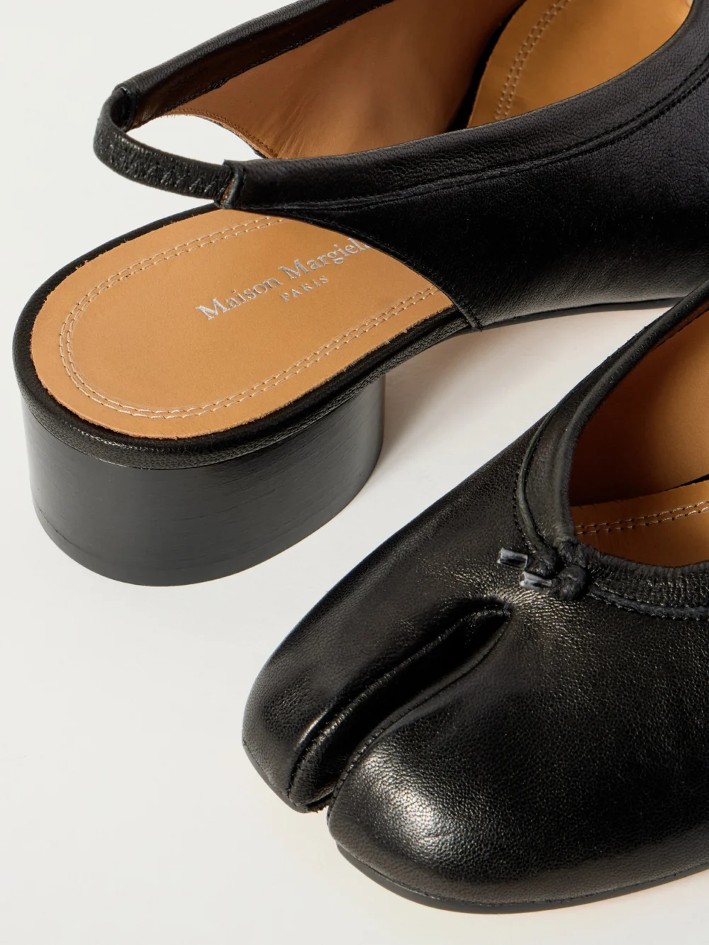 Close-up detail of the Maison Margiela Tabi Split-toe Leather Slingback Pumps