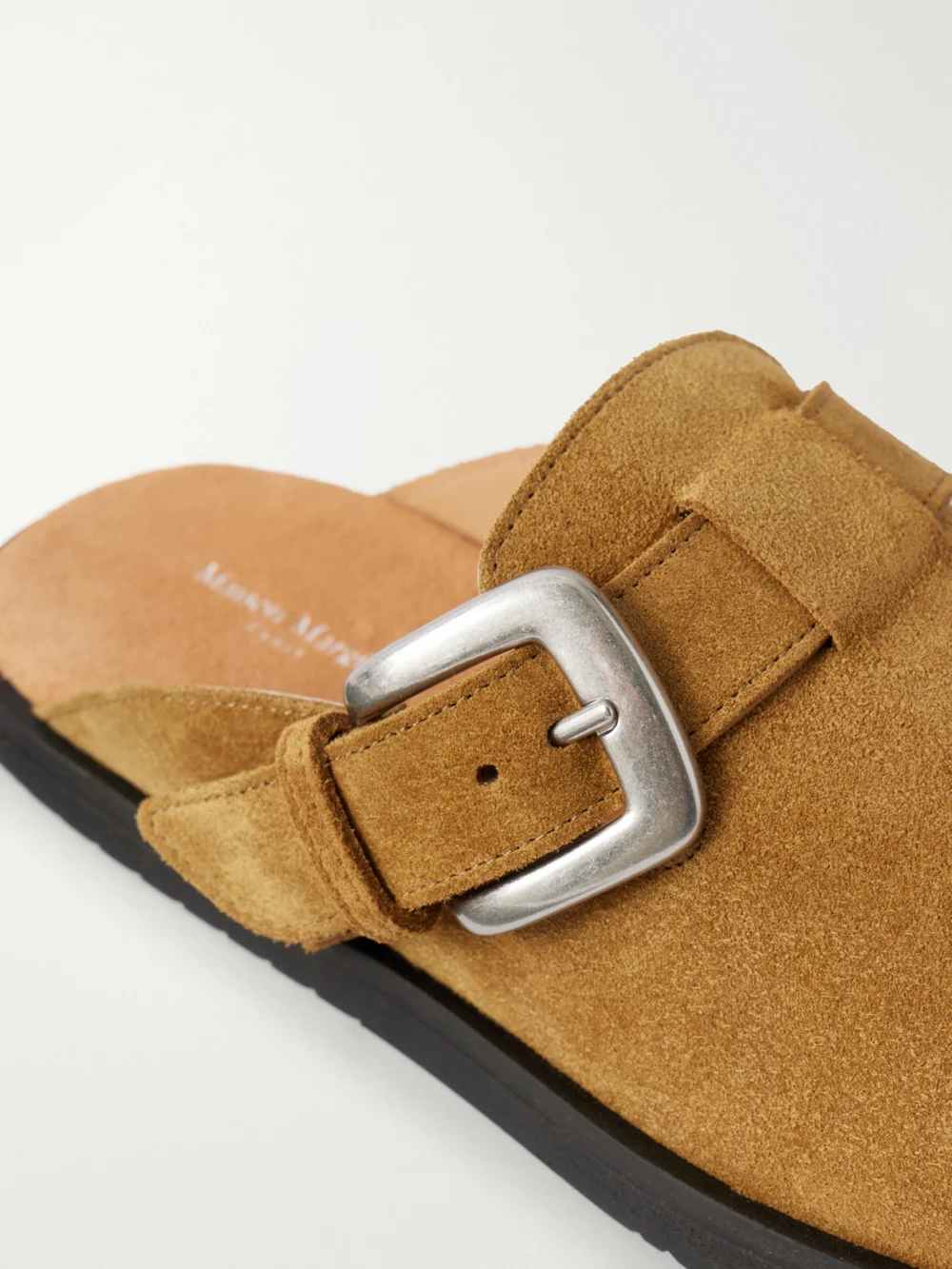 Close-up detail of the Maison Margiela Tabi Suede Clogs