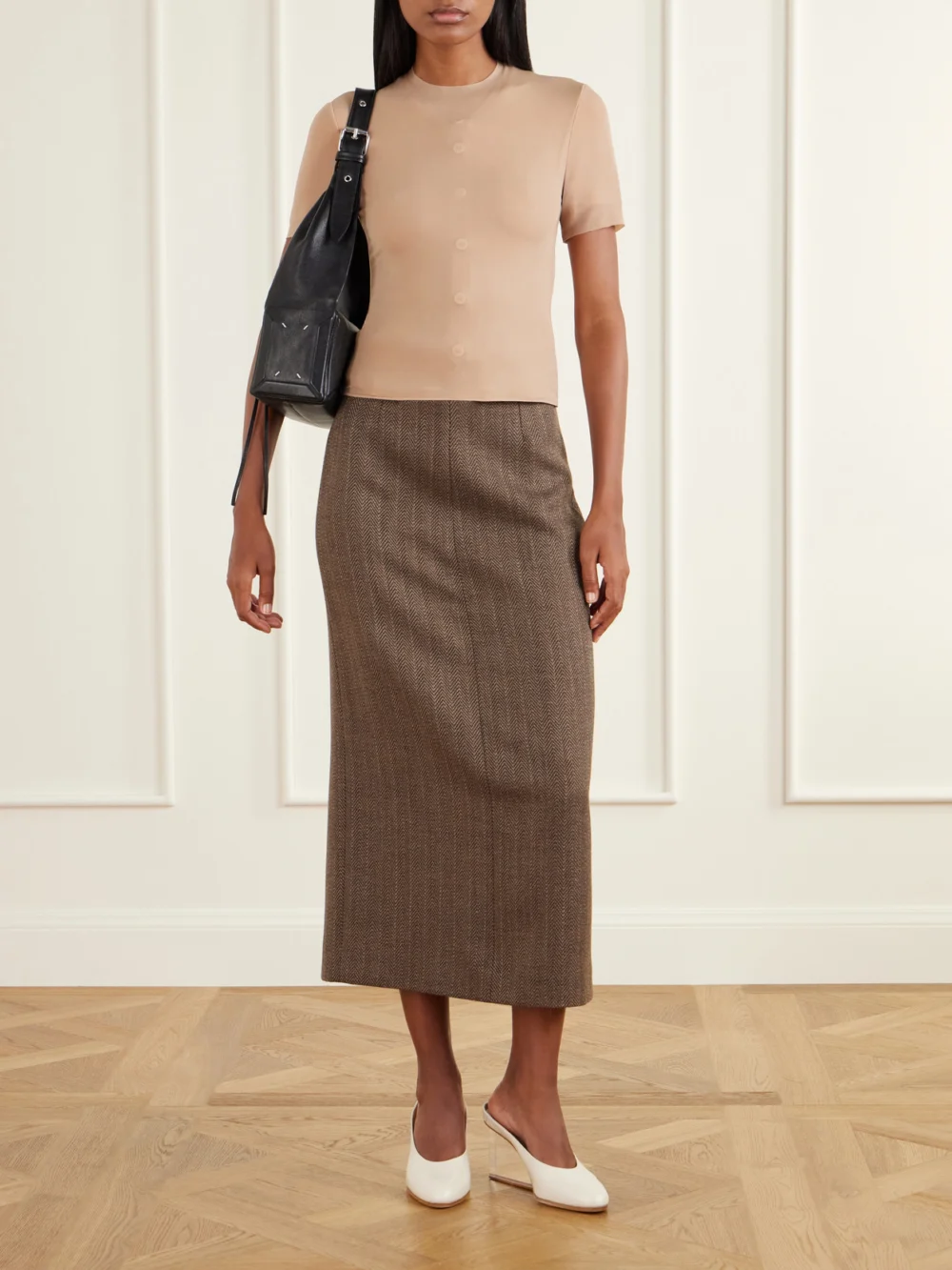 Maison Margiela Wool-herringbone Midi Skirt, worn by a model