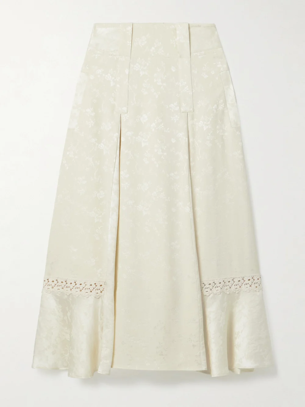 Maison Mayle Amparo Pleated Lace-trimmed Silk-satin Jacquard Midi Skirt in ivory
