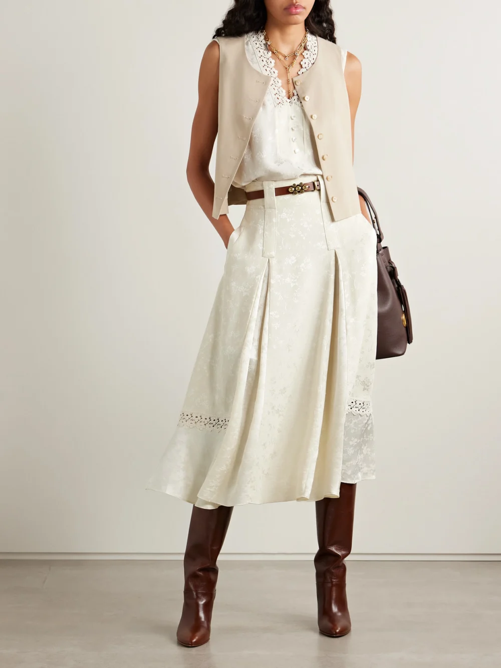 Maison Mayle Amparo Pleated Lace-trimmed Silk-satin Jacquard Midi Skirt, worn by a model