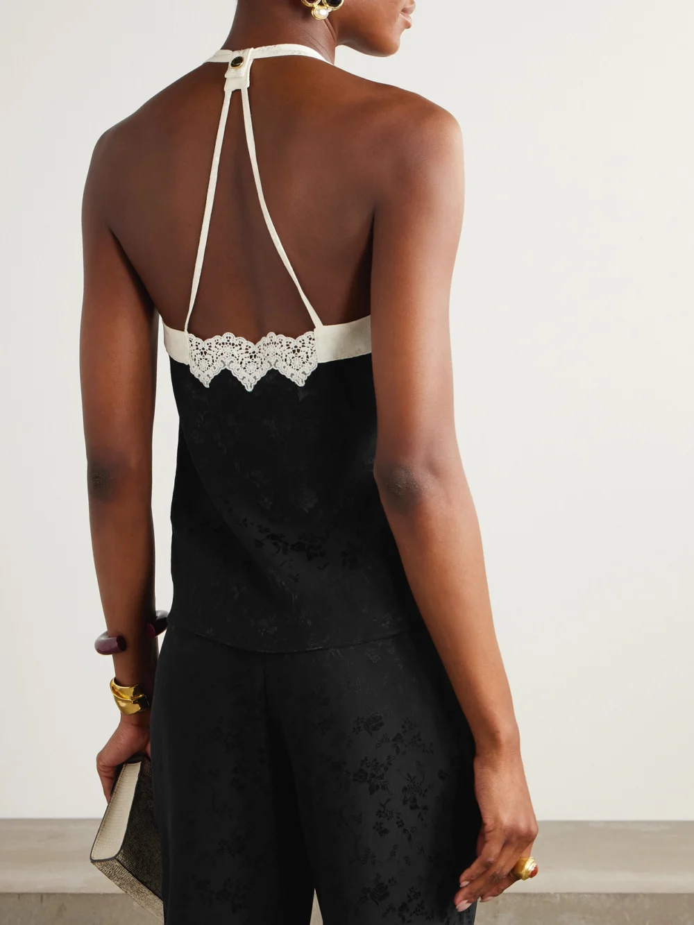 Back view of the Maison Mayle Colette Ruched Lace-trimmed Silk-jacquard Camisole