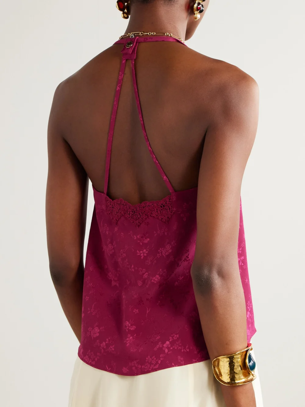 Back view of the Maison Mayle Colette Ruffled Lace-trimmed Silk-jacquard Camisole