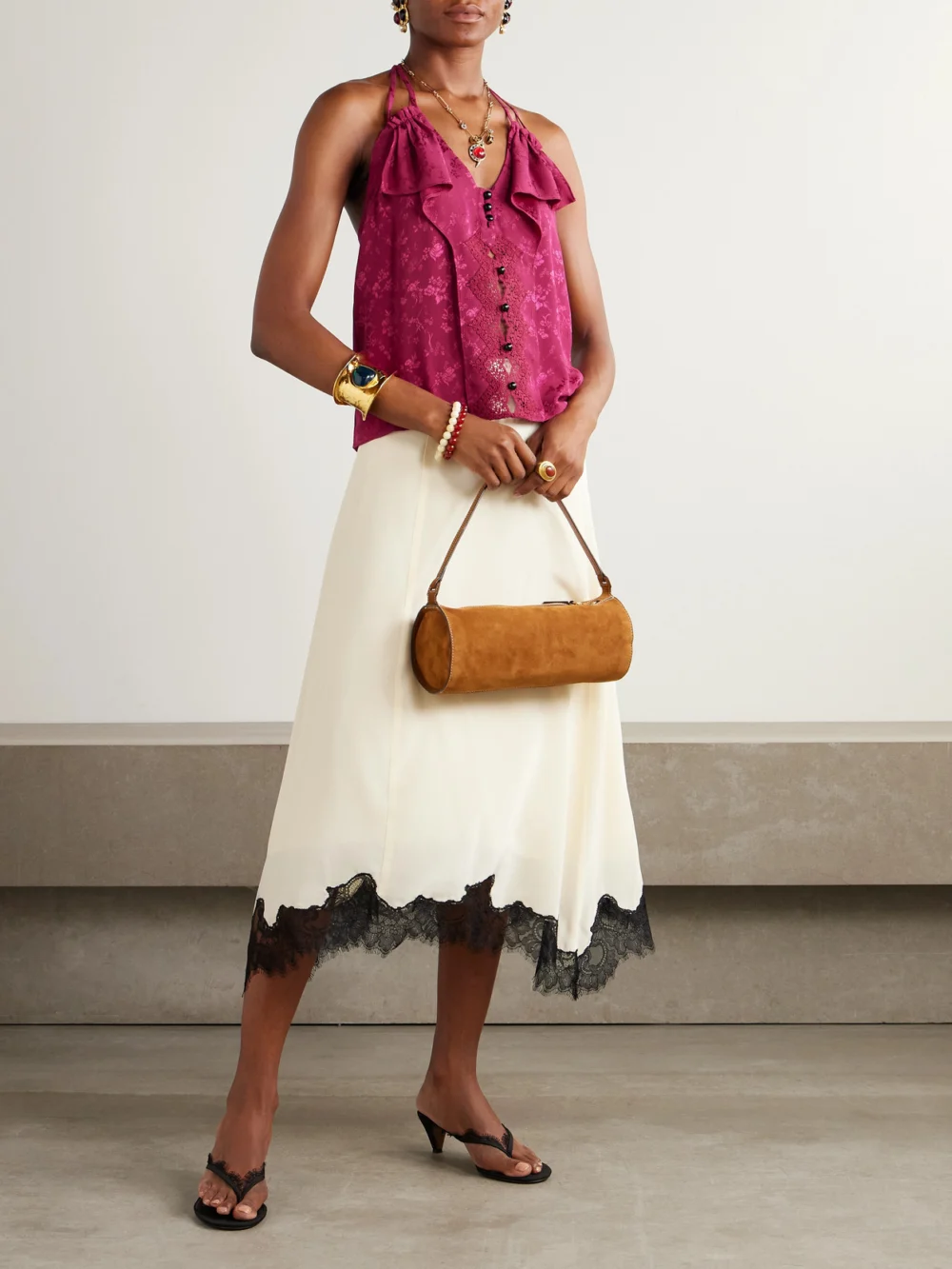 Maison Mayle Colette Ruffled Lace-trimmed Silk-jacquard Camisole, worn by a model