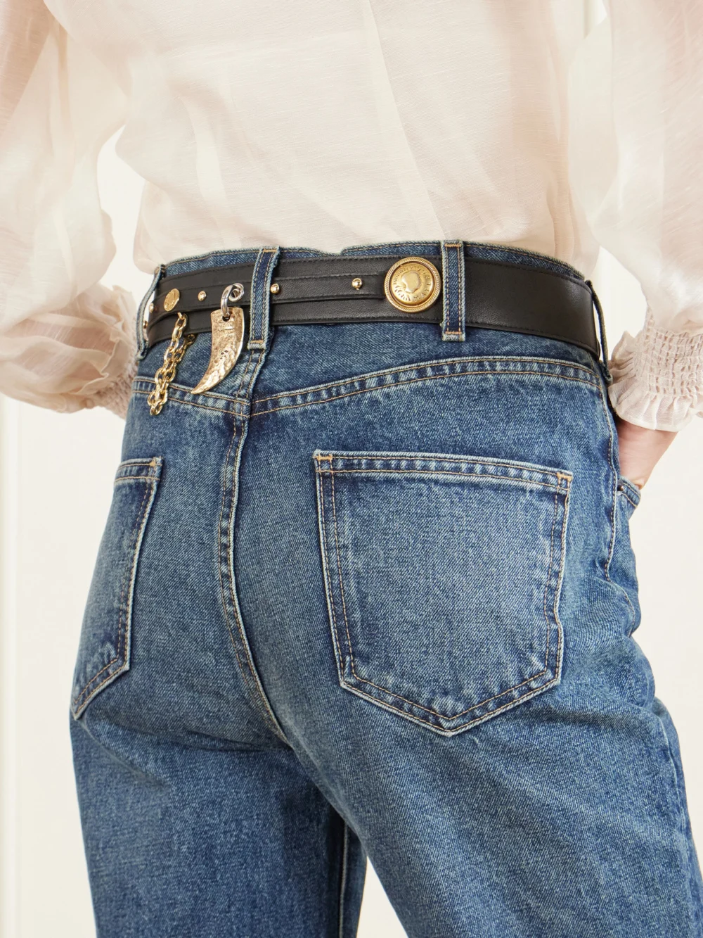 Close-up detail of the Maison Mayle Del Rio Embellished Leather Waist Belt