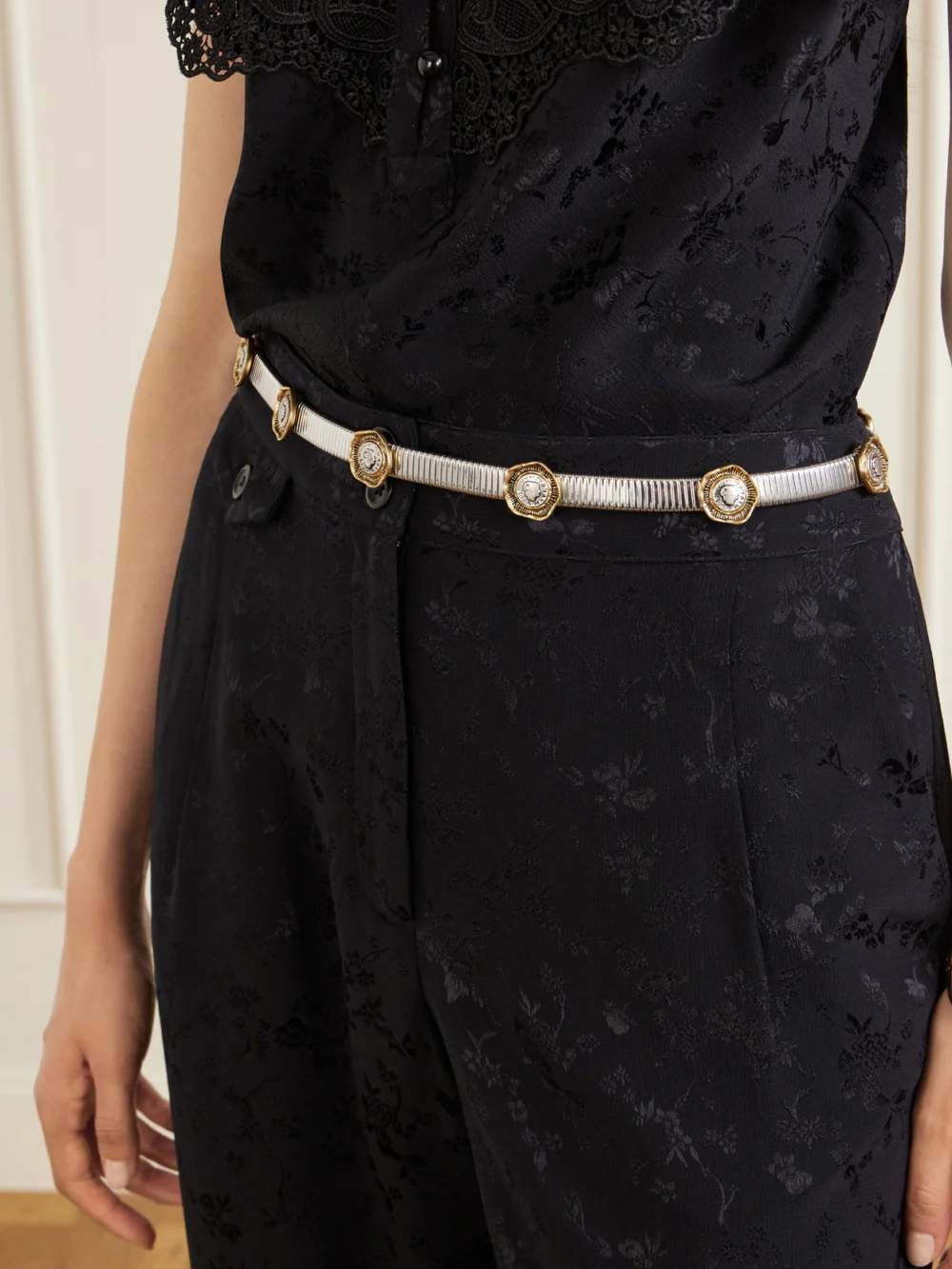 Maison Mayle Flora Embellished Silver-tone Belt, styled view