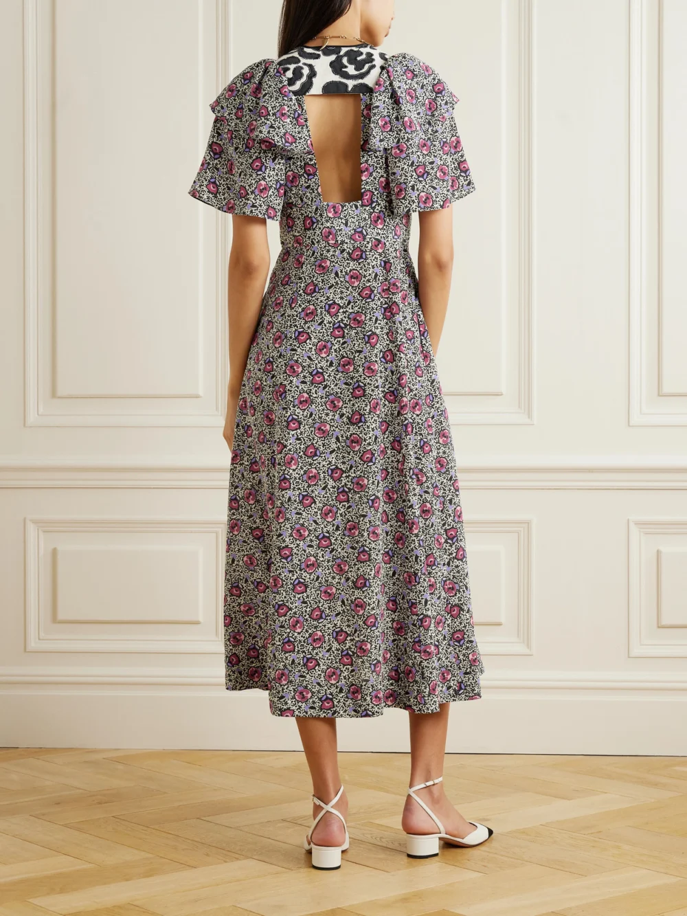 Back view of the Maison Mayle Flora Mar Tasseled Floral-print Silk Crepe De Chine Midi Dress