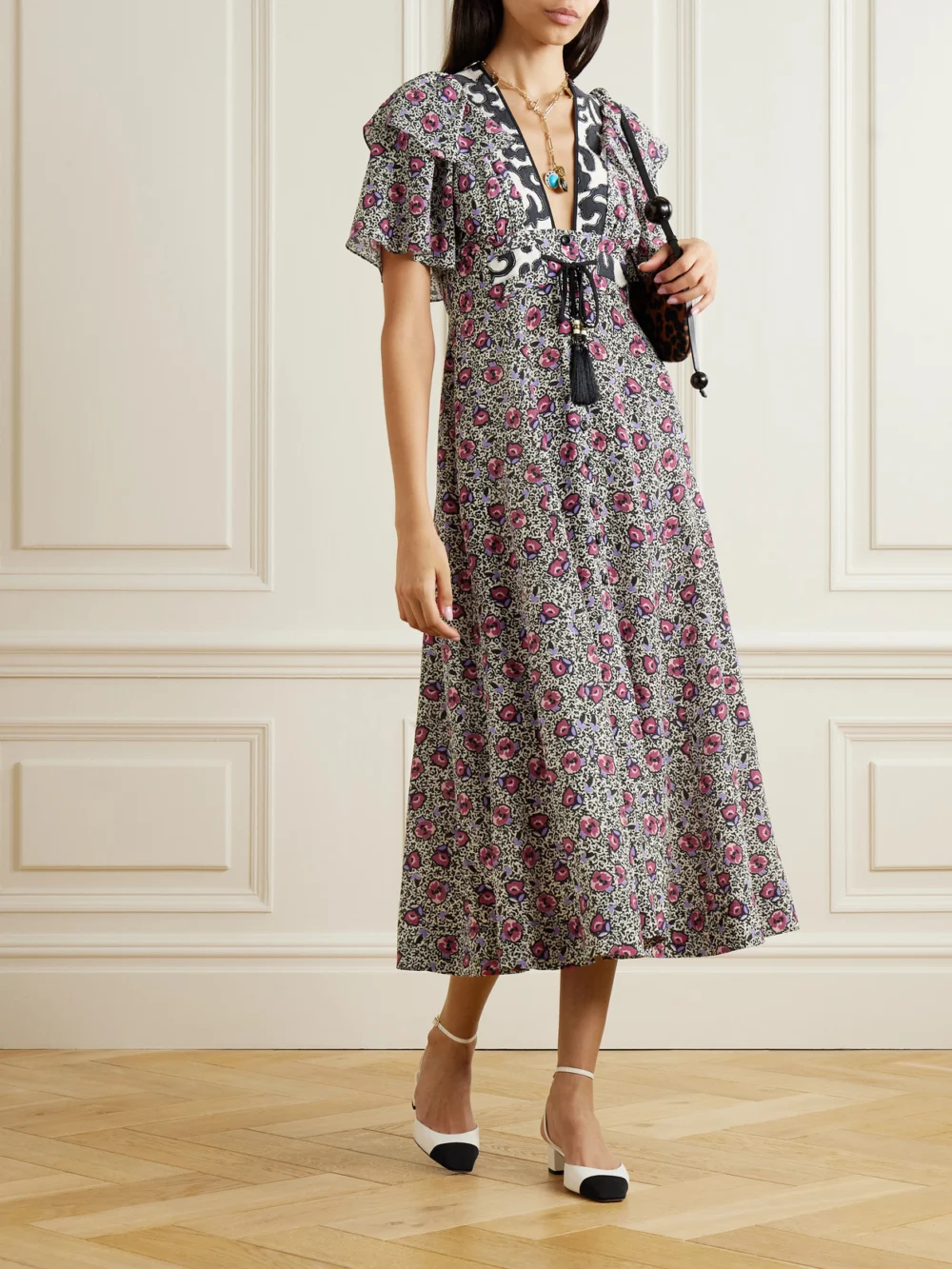 Maison Mayle Flora Mar Tasseled Floral-print Silk Crepe De Chine Midi Dress, worn by a model